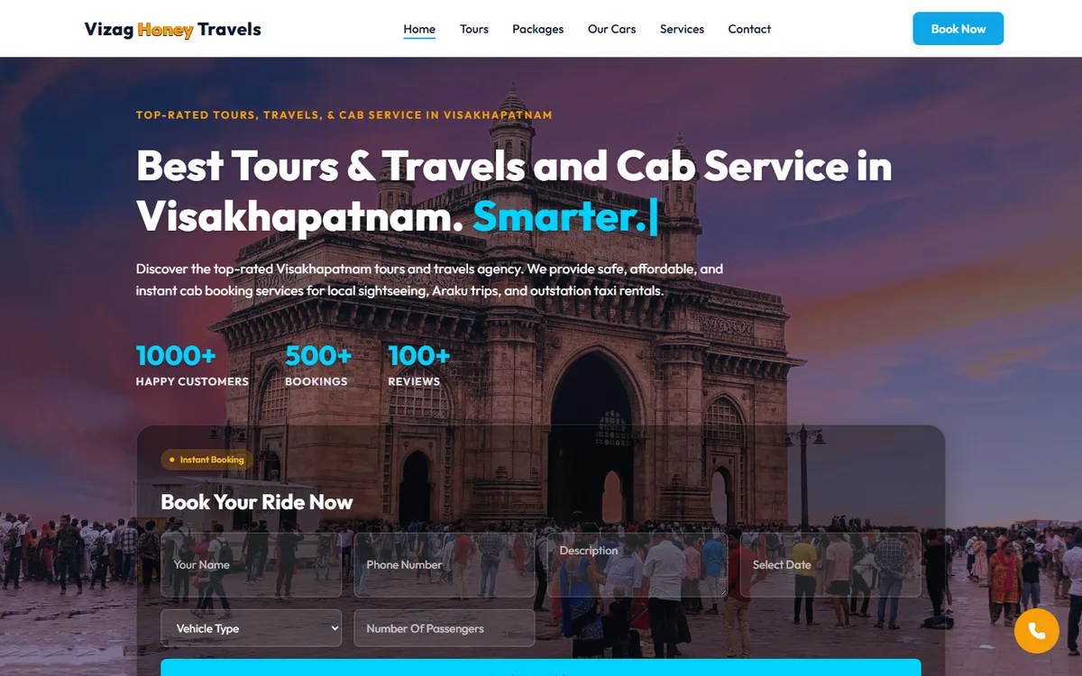Home page of the Vizag Honey Travels website